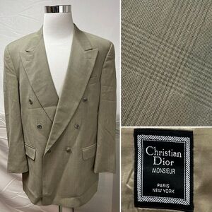 Vintage Christian Dior Men’s Taupe Tan Glen Plaid Double Breasted Blazer Jacket